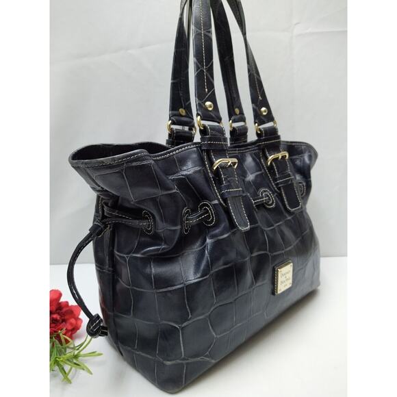 Dooney & Bourke Chiara Black Leather Crocodile Embossed Drawstring Tote Bag - Picture 3 of 14